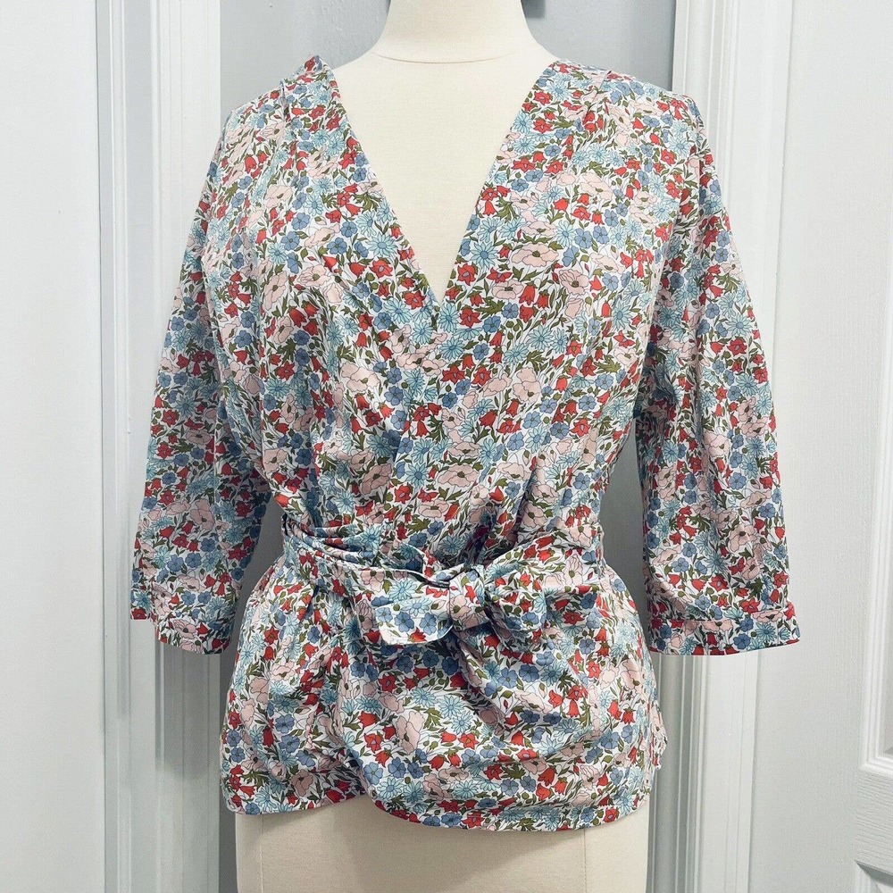 Bagutta Charlotte Floral Wrap Top Blouse Asian 100% Cotton Women’s 8 Italy EUC